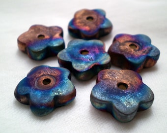 3+ Flower Beads, Raku Beads, Clay Beads, Ceramic Beads, Handmade Beads, Spacer Beads, Rustic Beads, Artisan Beads, Unique Beads (aat)