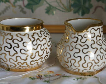 Stunning Sudlow's Burslem Gold Cornelli Lace Creamer and Sugar bowl
