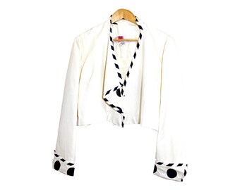 cropped silk jacket- vintage boxy fit with striped and polka dot detail in black and white from the 1980s