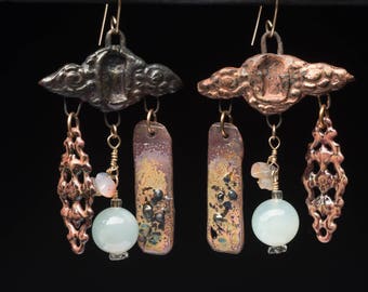 Crust Punk assemblage earrings with exquisite opal beads, enameled copper and metal glazed clay