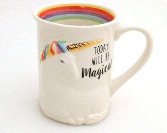 Unicorn mug with metallic gold horn large mug with rainbow and 3D unicorn, believe in yourself