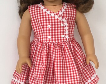 18" doll red and white gingham dress with white daisy trim