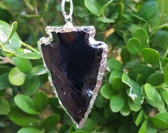 Black Obsidian Arrowhead Pendant with 24" Chain, Black Obsidian Necklace