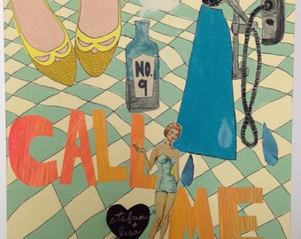 original art, collage, mixed media on wood panel, paperdoll collage, original collage