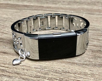 Silver Color Band for Fitbit Charge 2 Fitness Tracker Silver Heart Pendant Adjustable Fitbit Charge 2 Jewelry Bracelet Mothers Day Gift Idea