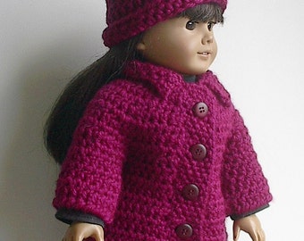 18 Inch Doll Clothes - Berry Red Hat and Sweater Coat with Collar Handmade to fit the American Girl and Other Similar Dolls