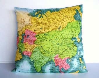Map cushion cover ASIA - vintage map, organic cotton cushion map pillow cushion, 16 inch, 41 cm