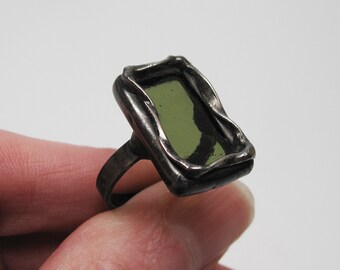 Olive Branch - Sterling Silver Stained Glass Ring - Size 7