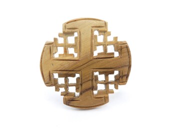 Vintage Maltese Cross Brooch, Carved Wood