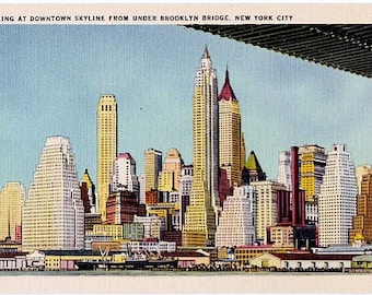 Vintage New York City Postcard - Downtown Skyline from under the Brooklyn Bridge (Unused)