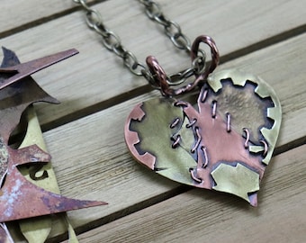 Handmade Brass and Copper Mended Heart Pendant One-of-a-kind
