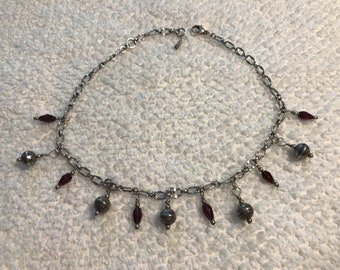 Garnet and Bali Ball Sterling Silver Drop Necklace aknd Earring Set
