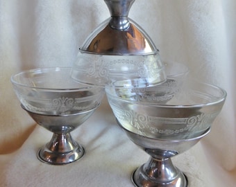 Set of five glass dessert dish inserts with chrome bases from the 1930s