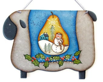 Primitive Sheep, Pear, Holly, Handpainted Wood Plaque Sign, Hand Painted Prim Home Decor, Wall Art, Tole Decorative Painting, B2
