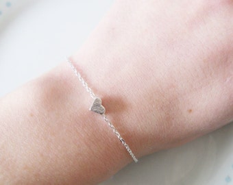 Cute Tiny Heart Charm Chain Silver Bracelet, Dainty, Pretty, Layer, Love, Simple, Minimalist