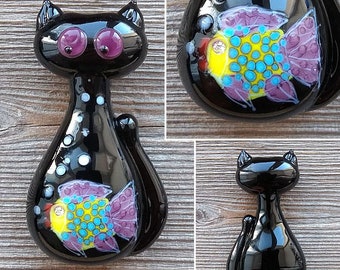 Cat with Fish focal lampwork bead