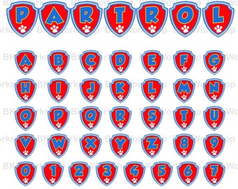 Paw Patrol alphabet with shield svg - Paw Patrol alphabet with shield digital clipart for Design or more, files download svg, png, dxf