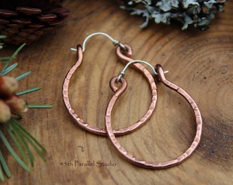 Hammered Copper Hoop Earrings, Mixed Metal Earrings, Hammered Earrings, Copper Jewelry, Hoop Earrings, Rustic Earrings, Hoops, Boho Jewelry