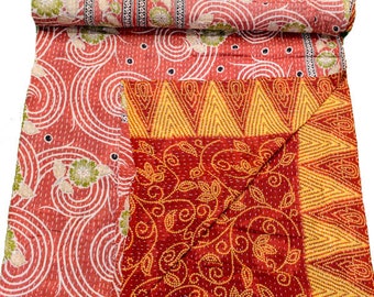 A Vintage Handmade Kantha Quilt, Boho Bedding, Vintage quilt, Kantha Throw, Reversible Quilt VKQ1700