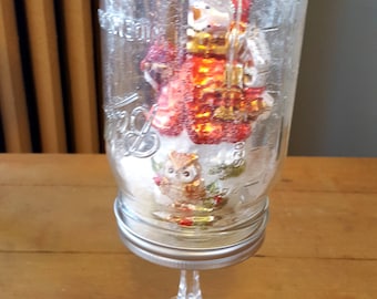 Waterless Snowglobe Snowman Mason Jar Ornament Holiday Decor Red White