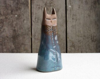 Ceramic Blue Cat Figurine, Cat Art,Stoneware Pottery Cat,Primitive Ceramic Cat Sculpture,Handmade Gift,Cat Lover,Ceramic Animal,Stylized Cat