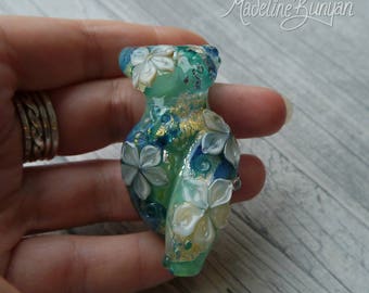 Water Garden Goddess, Large, green and gold with blue Swirls and cream flowers Lampwork Focal Bead, pendant bead