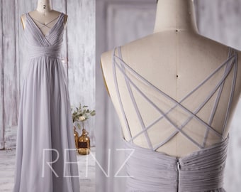 Bridesmaid Dress Light Gray Chiffon Dress,Wedding Dress,Long V Neck Prom Dress,A-line Maxi Dress,Criss Cross Illusion Party Dress(L126A)