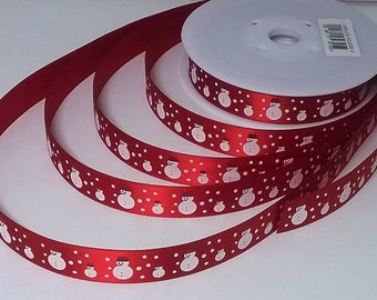 Satin Print SNOWMAN Red Christmas Trim, SNOWMAN printed 15 mm Satin Ribbon, Snowman Christmas Ribbon, Red Print Ribbon 15 mm By the Metre