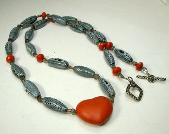 Red Jasper Valentine Heart Necklace w Speckled Gray Ceramic Handmade Beads, Silver Acorn Spacers, OOAK Rachelle Starr