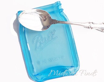 Large Blue Melted Mason Jar Spoon Rest, serving dish, soap dish, quart size, gift box included