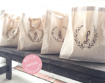 Laurel Tote Bag - Monogram Wreath Bag - Bridesmaid Tote Bag - Bridal Party Gifts - Bridesmaid Gifts - Canvas Tote Bag - Monogrammed Tote Bag