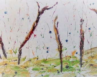 abstract triptych painting. Spring Madness: