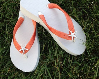 Bridal Flip Flops In White With Tropical Starfish Perfect