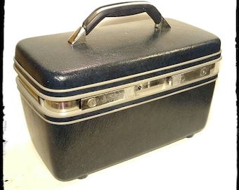 Vintage Samsonite Profile II Navy Blue Train Case/ Overnight Case/ Makeup Case/Cosmetic Dark Blue Train Case/Storage Box/F1964
