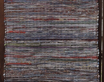 Hand Woven Rag Rug - Blue White Grey Scrap Basket Cotton 26" x 46"