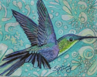 original art aceo drawing hummingbird blues zentangle design spirit animal