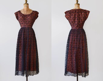 SALE! Dress / 1940s black lace dress / vintage rayon illusion dress
