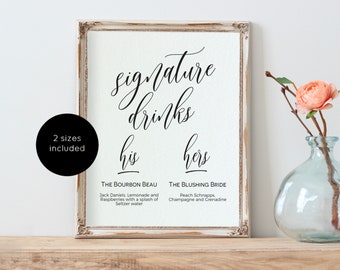 Signature Drinks Sign, Printable Signature Drinks Sign, Drinks Menu Sign, Wedding Sign, Instant Download, DIY Editable PDF, WLP833