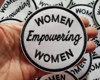 Women Empowering Women Slogan Patch, Embroidered Iron On Applique Patch, International Women's Day, White and Black, 8cm, Feminist Slogan