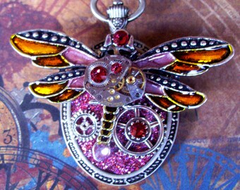 Steampunk Pin (P746-2) Dragonfly Brooch, Hand Painted Acrylic, Gears and Swarovski Crystals