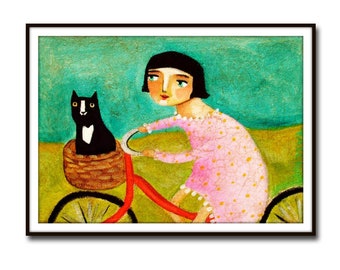 PRINT tuxedo cat bike ride to the vet CUTE cat folk art poster print of painting black cat on bicycle naive art by Tascha