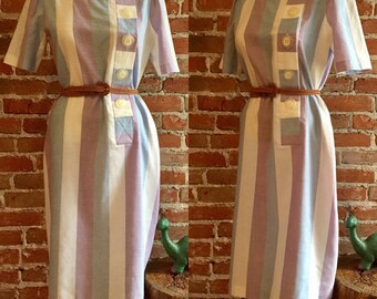 Vintage Vertical Pastel Striped Shirt Day Dress with Oversized Whimsical Buttons