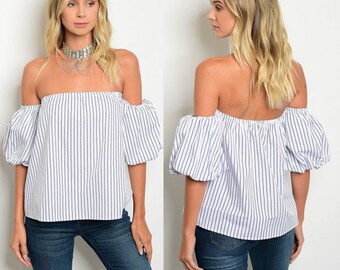 Off shoulder puff sleeve top for women, off the shoulder striped womans blouse with ruffled sleeves, backless off shoulder womens top stripe