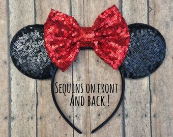 Classic Mickey Mouse Ears, Mickey Ears, Mouse Ears Headband, Mickey Mouse Ears, Red and Black Mickey Ears, Sequined Mickey Ears, Disney Land