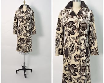 Vintage 1960s 60s Lilli Ann Coat Brown and White Floral Chenille