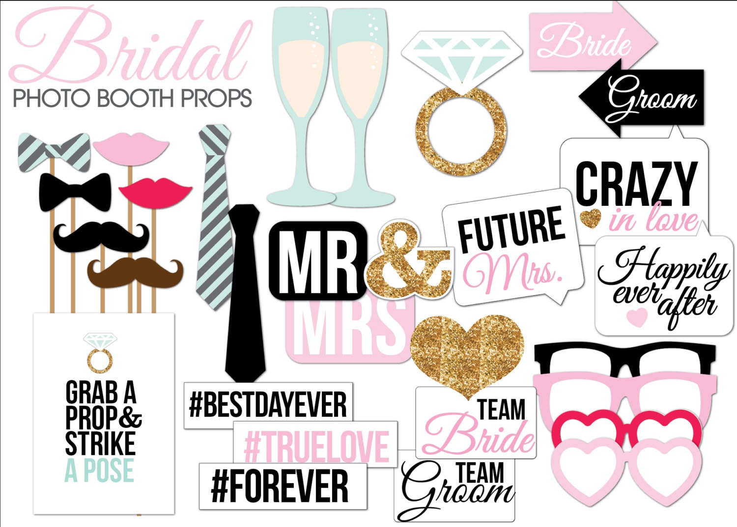 Bridal Shower Wedding Photo Booth Props Printable PDF