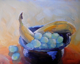 Fruit still life, Daily Painting, Small Oil Painting, "Banana and Grapes" by Carol Schiff, 6x8" Original, Free Shipping in US