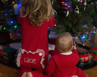 Christmas Day Little Girl's Personalized Long John Pajamas with Bottom Flap/ Jammies for Valentines/ PJs