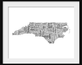 North Carolina State Map City Cities Typography Map Poster Print