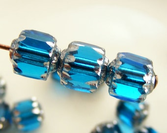 6mm Cathedral Beads Czech Glass Fire Polish Aqua with Silver (Qty 10) SRB-6FPC-AQ-S